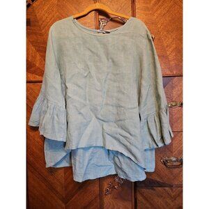 Bryn Walker Mint Green Size Large Long Bell Sleeve High Low Hem Linen Blouse